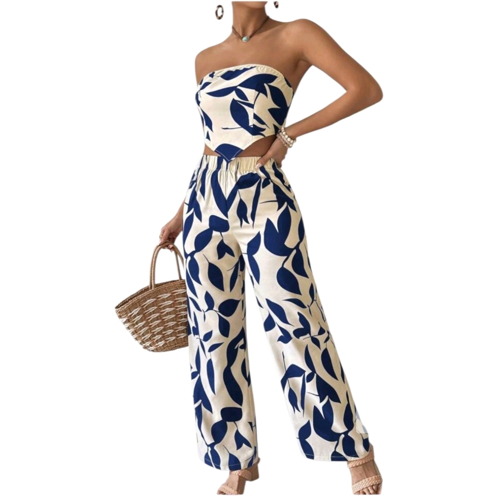Two-Piece Strapless Leaf Print Set in Navy and Cream